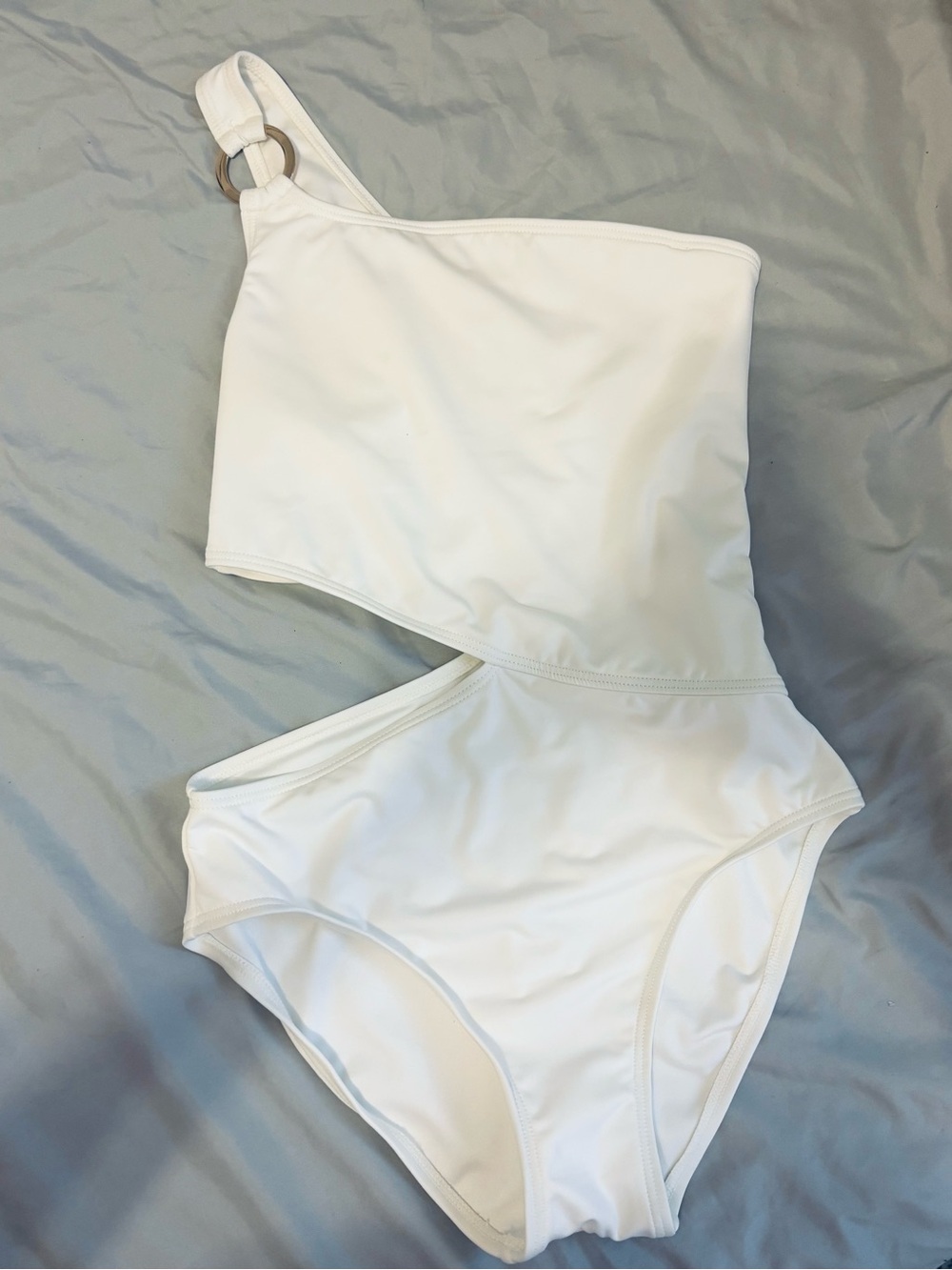 White Asymmetric Cutout One-Piece Swimsuit with Gold Ring Detail